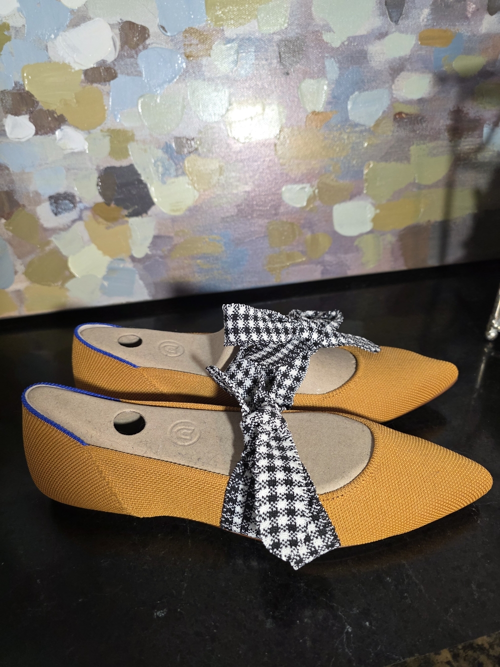 Brand New Rothy's Women's Mustard Pointed-Toe Flats with Houndstooth Bow - Picture 2 of 3